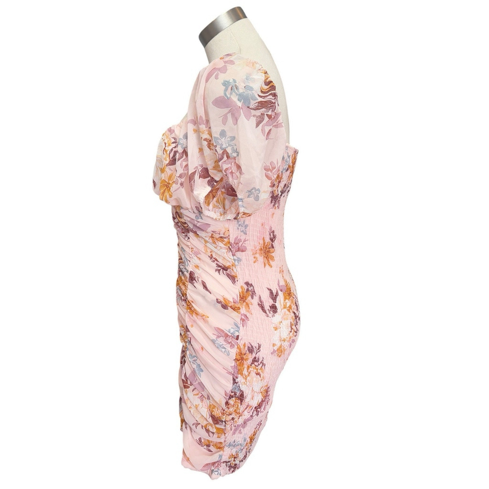 YaYa & Co Womens Fitted Shirred Floral Puff Sleeves Chiffon Romantic Sz. L - Picture 6 of 8